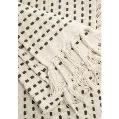 Plaid frangé en coton écru surpiqué noir 170x130 cm