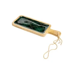 Planche rectangulaire en bois de manguier émaillé vert à décor carreaux - 38 x 14 x 2 cm