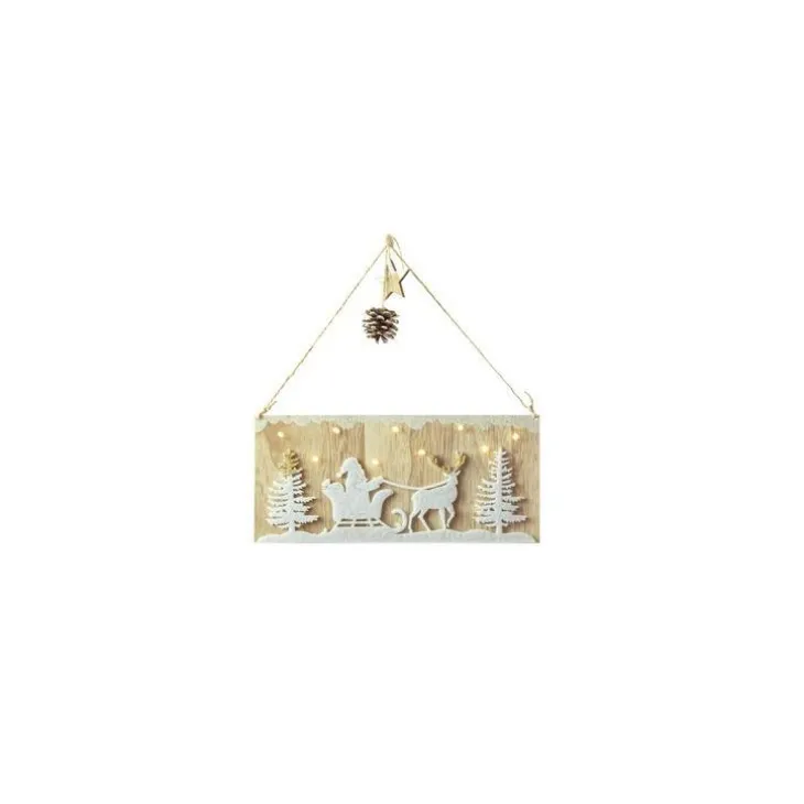 Plaque en bois et feutrine avec motif traîneau du Père Noël lumineux LED à lumière fixe blanc chaud - 30 x 13,5 cm