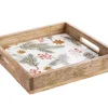 Plateau carré branche de sapin baies coloris vert en bois de manguier - 30 x 30 x 6 cm