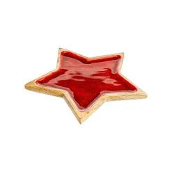 Plateau forme étoile en bois de manguier émaillé rouge - 30 x 30 x 2,3 cm