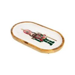 Plateau ovale en bois de manguier émaillé blanc décor casse-noisette - 30 x 17,5 x 2,3 cm