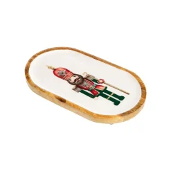 Plateau ovale en bois de manguier émaillé blanc décor casse-noisette - 30 x 17,5 x 2,3 cm