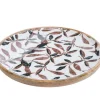 Plateau rond en bois de manguier marron avec décor émaillé feuillage d’automne multicolore – Ø 30 cm