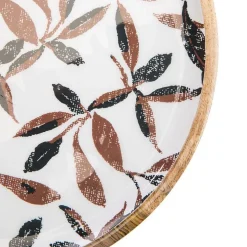 Plateau rond en bois de manguier marron avec décor émaillé feuillage d’automne multicolore – Ø 30 cm