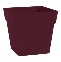Pot carré en polypropylène rouge Bourgogne avec soucoupe clipsée Eda Toscane 3 L - 17,4 x 17,4 cm