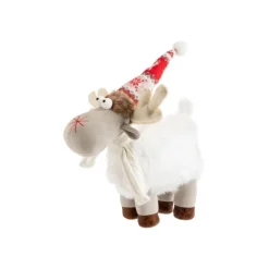 Renne sur 4 pattes beige et blanc avec fourrure - 56 cm