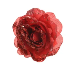 Rose à paillettes rouge Noël sur clip - 14x8.5 cm