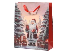 Sac cadeau décor Père Noël en papier FSC avec paillettes petit modèle - 8 x 18 x 24 cm