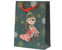 Sac cadeau en papier métallisé vert décor elfe moyen modèle - 10 x 26 x 32 cm