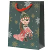 Sac cadeau en papier métallisé vert décor elfe petit modèle - 8 x 18 x 24 cm