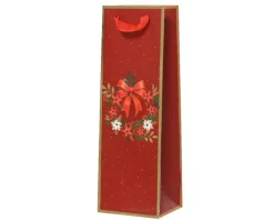 Sac cadeau pour bouteille en papier métallisé rouge décor couronne et nœud - 10 x 12 x 36 cm
