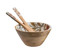 Saladier décor floral coloris marron en bois de manguier - 24 x 24 x 12 cm
