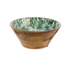 Saladier rond décoré feuilles coloris bleu en manguier émaillé - 30 x 30 x 13 cm