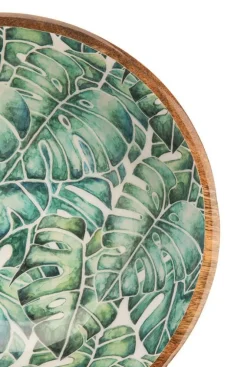 Saladier rond décoré feuilles coloris bleu en manguier émaillé - 30 x 30 x 13 cm