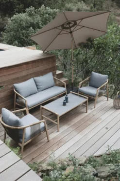 Salon bas en aluminium et résine tressée CREADOR Kanto - Bambou/Gris - 4 pièces