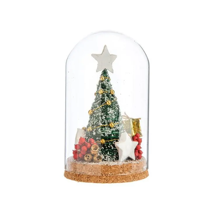 Sapin de Noël décoré vert, or, rouge sous cloche à poser - 25 cm