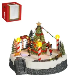 Scène avec grand sapin de Noël lumineux sur piles - 22 x 18,5 cm