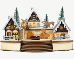 Scénette village en bois musical à 10 LED blanc chaud sur piles - 30 x 18 x 20 cm
