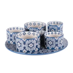 Service apéritif en gré bleu peint à la main Almada - 1 plateau et 6 coupelles