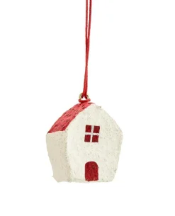 Suspension décorative maisonnette coloris rouge en coton maché - 5 x 2,5 x 4,5 cm