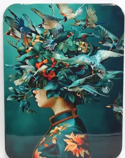 Tableau en métal vert/bleu La Dame aux oiseaux - 30 x 40 cm