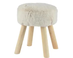 Tabouret en fausse fourrure crème avec pieds en bois - Ø 30 x H 38 cm