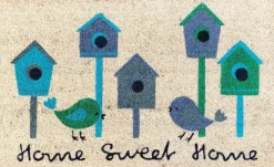 Tapi brosse coco beige imprimé maisons à oiseaux bleu Sweetsol - 75 x 45 cm