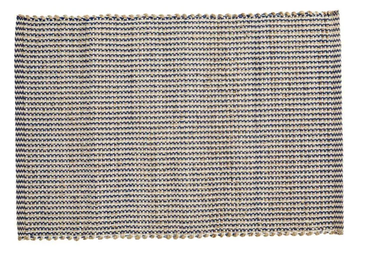 Tapis damier coloris bleu en jute coton - 60 x 90 cm