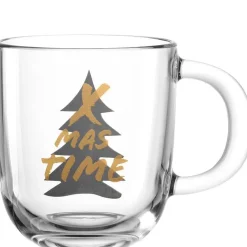 Tasse en verre transparent gravé avec sapin et écriture or Christmas time - 14 x 15 cm