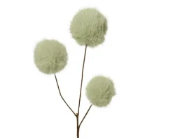 Tige artificielle avec boules duveteuses vert sauge en fausse fourrure - H 70 cm