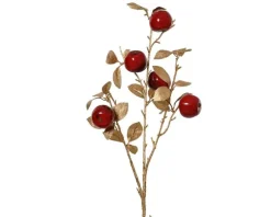 Tige artificielle avec pommes rouges en mousse et feuilles dorées - H 60 cm