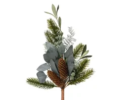 Tige artificielle verte avec feuilles argentées et pommes de pin - H 50 cm