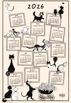 Torchon beige en coton motif chats Dubout Calendrier 2026 - 48 x 72 cm