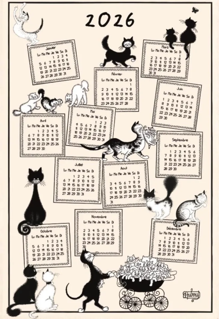 Torchon beige en coton motif chats Dubout Calendrier 2026 - 48 x 72 cm