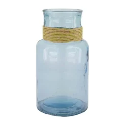 Vase en verre recyclé bleu et raphia - Ø 15 x 28 cm