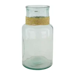 Vase en verre recyclé vert transparent et raphia - Ø 15 x 28 cm