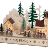 Village animé en contreplaqué avec église lumineuse à 7 LED - 14 x 28 x 20 cm