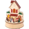 Village animé rond en contreplaqué avec école et train lumineux 3 LED blanc chaud - Ø 15 x H 20,3 cm