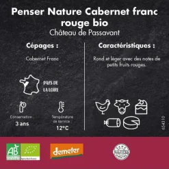 Vin de France Cabernet rouge bio sans sulfites Penser Nature - 75 cl